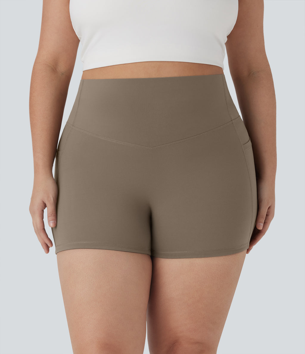 Plus Size High Waisted Tummy Control Training Biker Shorts 3'' with Pockets — Dawn Brown — view 4