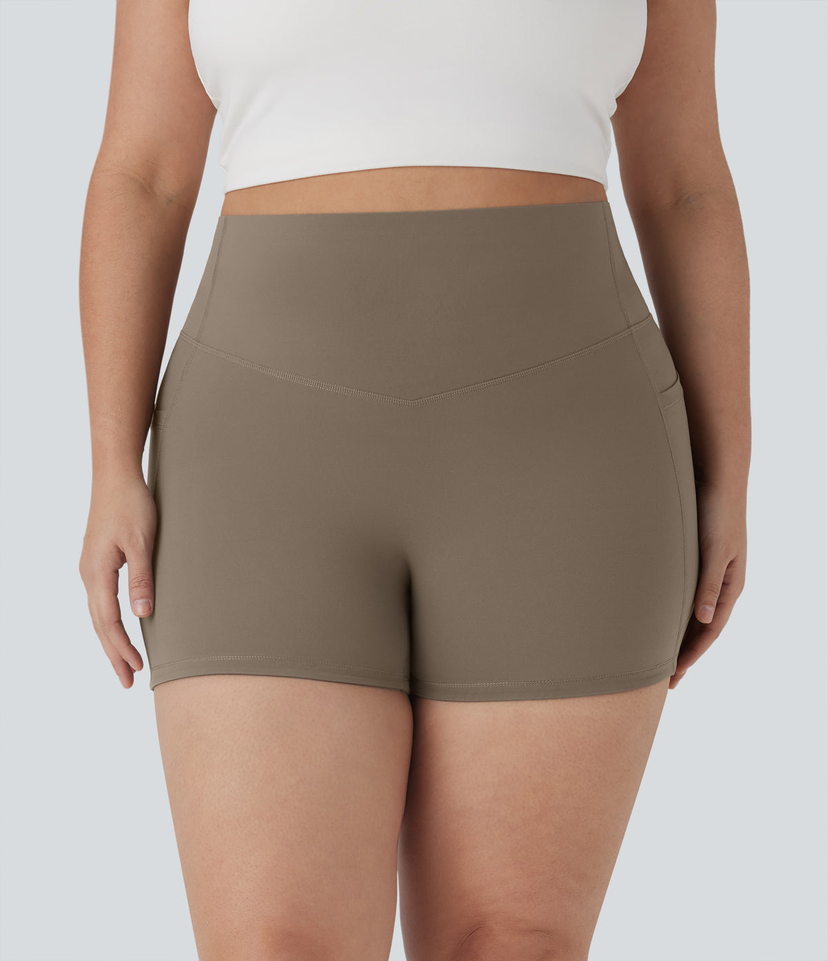 Plus Size High Waisted Tummy Control Training Biker Shorts 3'' with Pockets — Dawn Brown — view 4