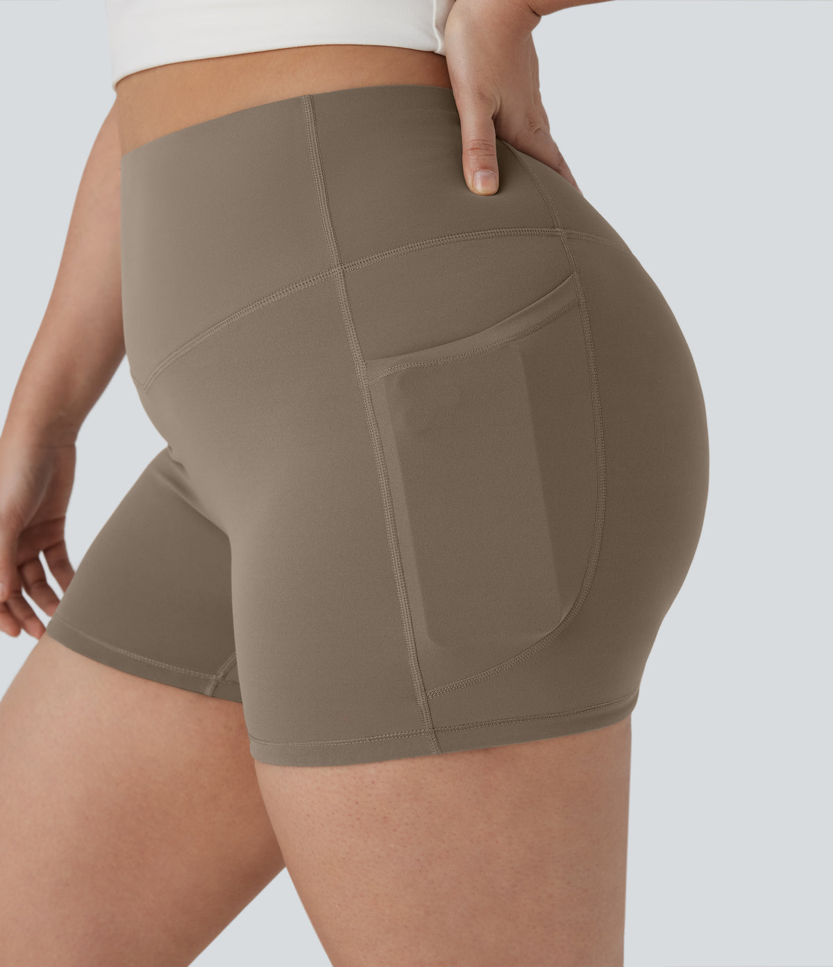 Plus Size High Waisted Tummy Control Training Biker Shorts 3'' with Pockets — Dawn Brown — view 6
