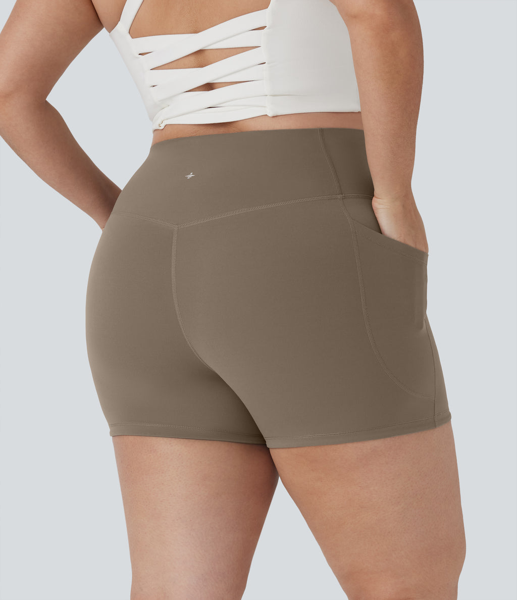 Plus Size High Waisted Tummy Control Training Biker Shorts 3'' with Pockets — Dawn Brown — view 3