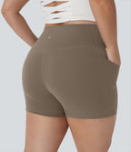 Plus Size High Waisted Tummy Control Training Biker Shorts 3'' with Pockets — Dawn Brown — view 7
