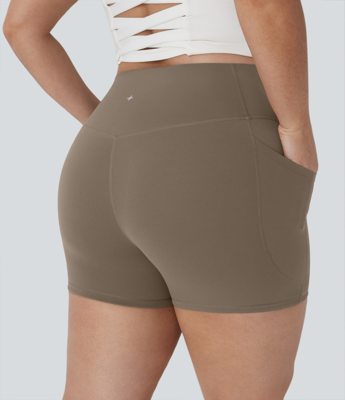 Plus Size High Waisted Tummy Control Training Biker Shorts 3'' with Pockets — Dawn Brown — view 7