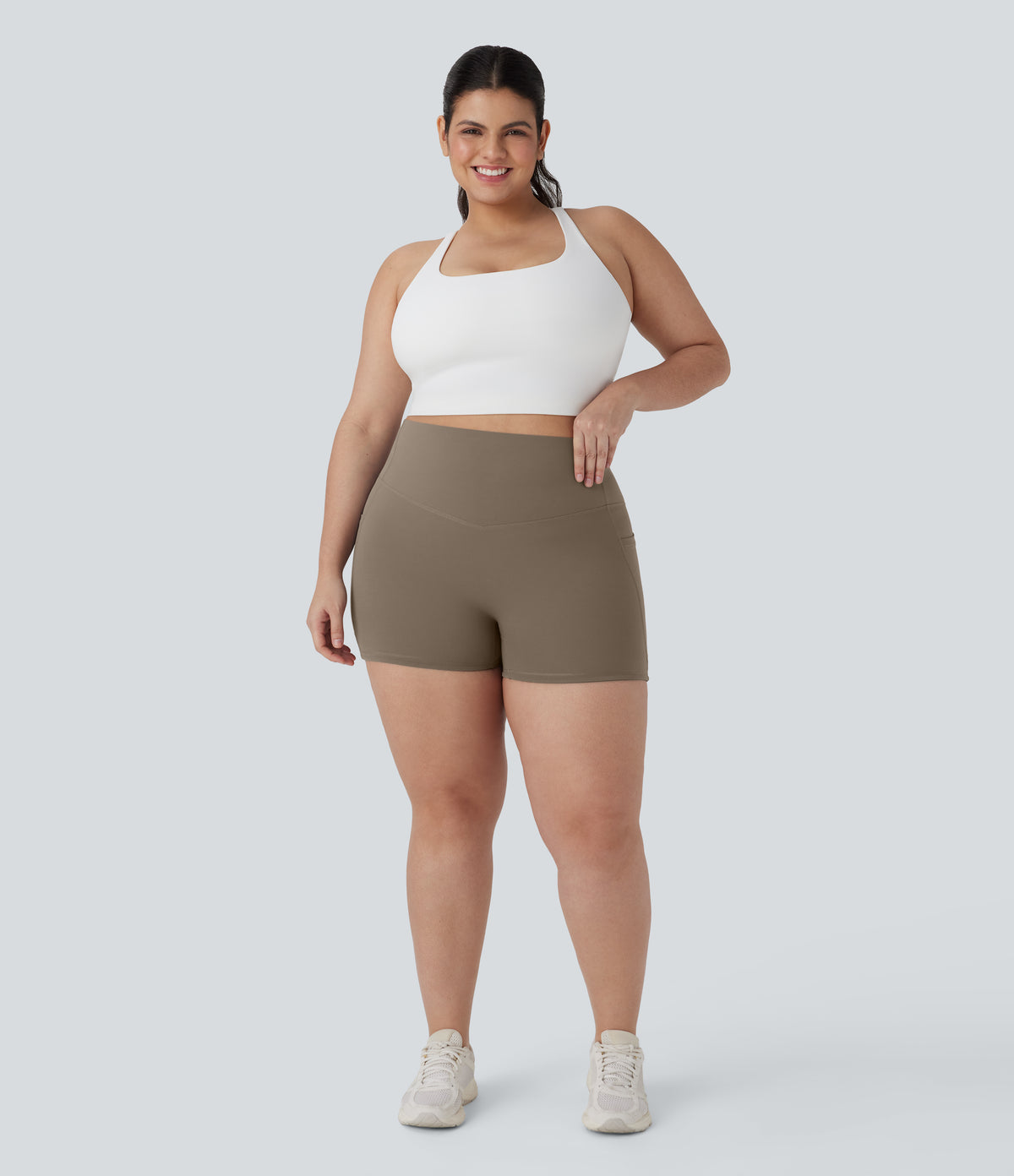 Plus Size High Waisted Tummy Control Training Biker Shorts 3'' with Pockets — Dawn Brown — view 8