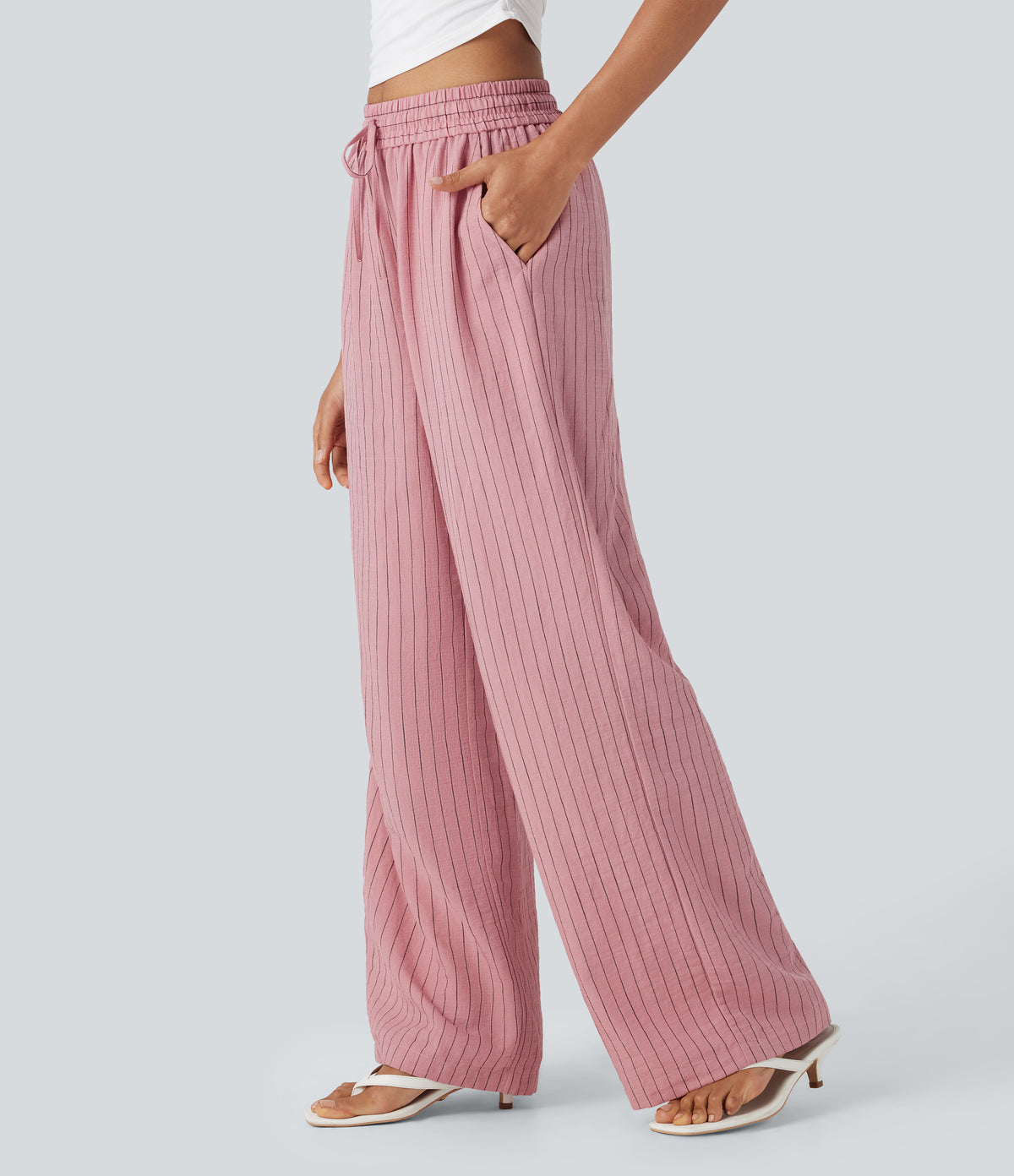 High Waisted Drawstring Wide Leg Stripe Casual Linen-Feel Trousers with Side Pockets — Candy Pink Black Yarn Dye Stripes — view 3