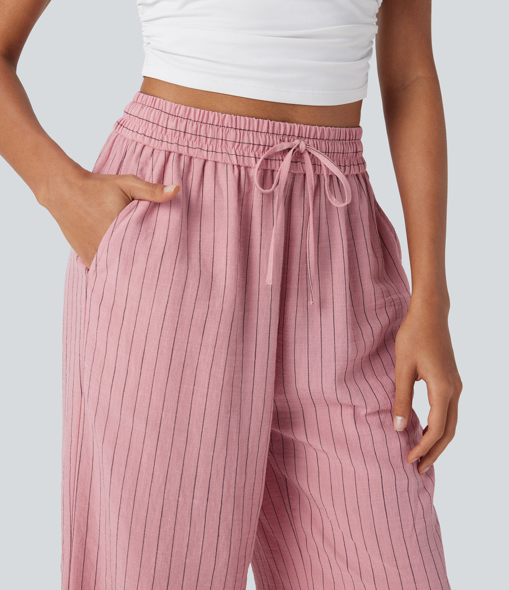 High Waisted Drawstring Wide Leg Stripe Casual Linen-Feel Trousers with Side Pockets — Candy Pink Black Yarn Dye Stripes — view 4