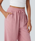 High Waisted Drawstring Wide Leg Stripe Casual Linen-Feel Trousers with Side Pockets — Candy Pink Black Yarn Dye Stripes — view 4