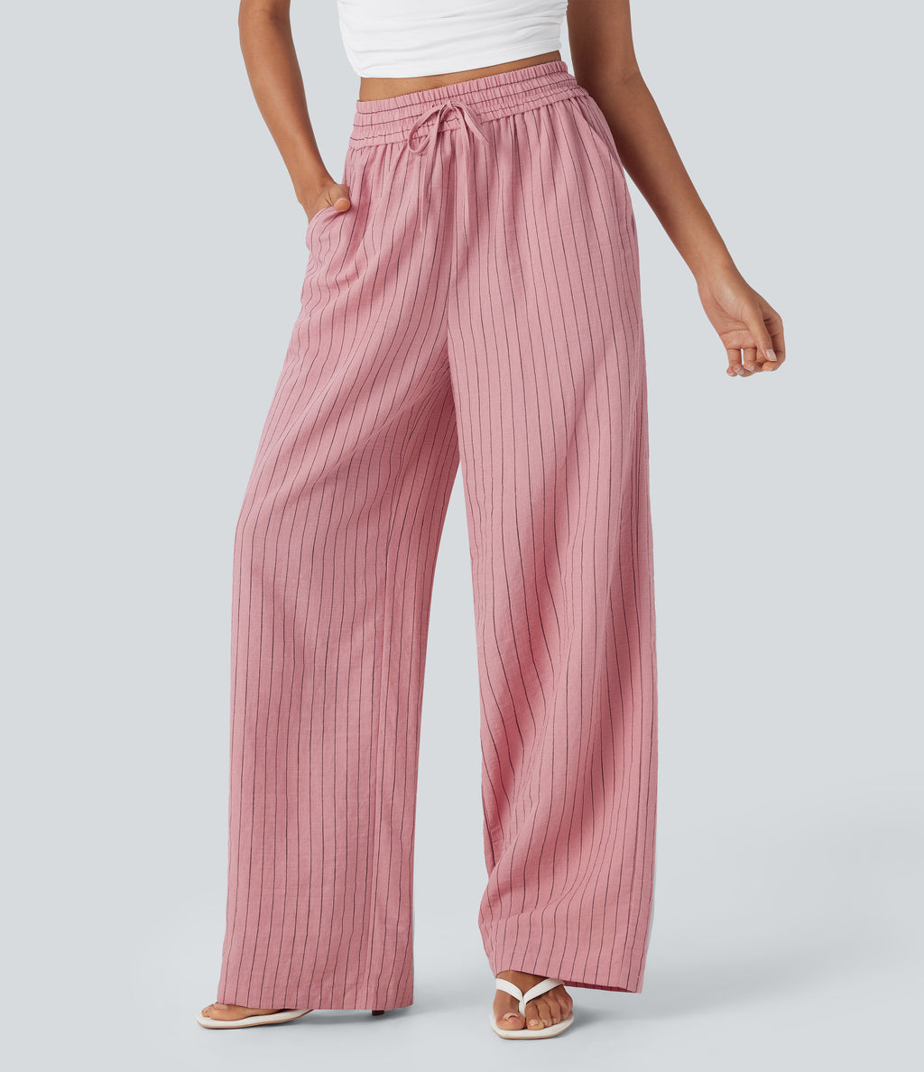 High Waisted Drawstring Wide Leg Stripe Casual Linen-Feel Trousers with Side Pockets — Candy Pink Black Yarn Dye Stripes — view 1
