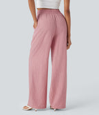 High Waisted Drawstring Wide Leg Stripe Casual Linen-Feel Trousers with Side Pockets — Candy Pink Black Yarn Dye Stripes — view 2