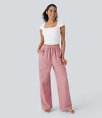 High Waisted Drawstring Wide Leg Stripe Casual Linen-Feel Trousers with Side Pockets — Candy Pink Black Yarn Dye Stripes — view 5