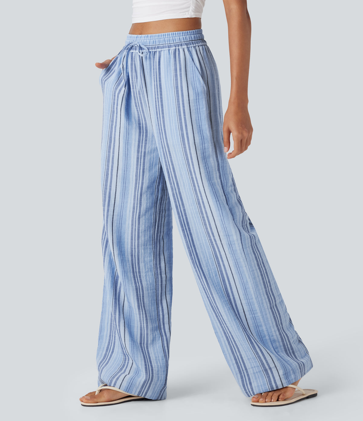High Waisted Drawstring Wide Leg Stripe Casual Linen-Feel Trousers with Side Pockets — Bohemia Yarn Dye Blue Stripe — view 6