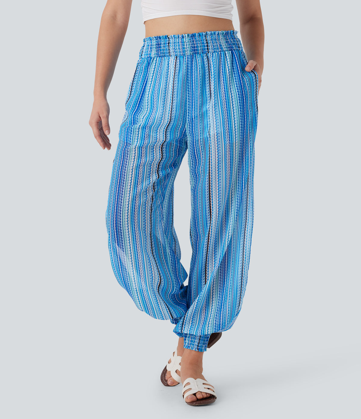 High Waisted Shirred Split 2-in-1 Stripe Casual Joggers with Pockets — watercolor stripe — view 3