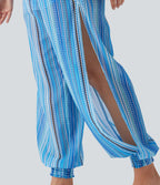 High Waisted Shirred Split 2-in-1 Stripe Casual Joggers with Pockets — watercolor stripe — view 5