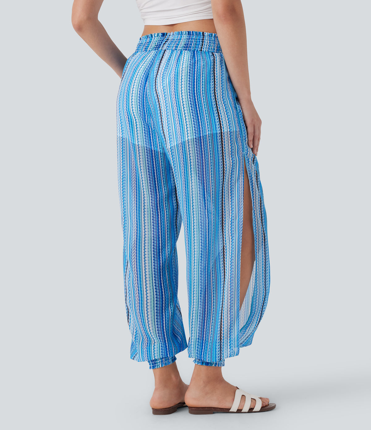 High Waisted Shirred Split 2-in-1 Stripe Casual Joggers with Pockets — watercolor stripe — view 2