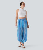 High Waisted Shirred Split 2-in-1 Stripe Casual Joggers with Pockets — watercolor stripe — view 6