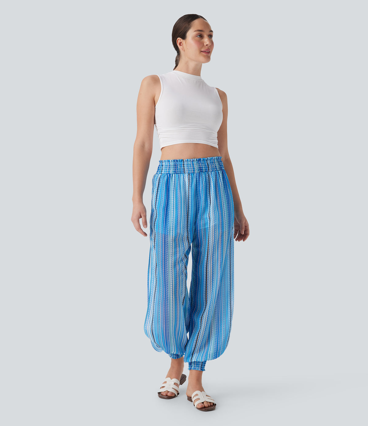 High Waisted Shirred Split 2-in-1 Stripe Casual Joggers with Pockets — watercolor stripe — view 6