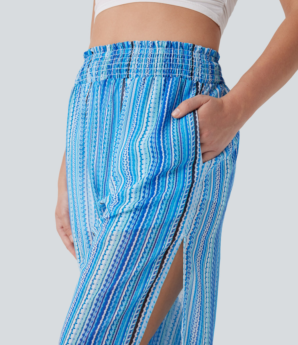 High Waisted Shirred Split 2-in-1 Stripe Casual Joggers with Pockets — watercolor stripe — view 4