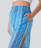 High Waisted Shirred Split 2-in-1 Stripe Casual Joggers with Pockets — watercolor stripe — view 4