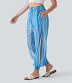 High Waisted Shirred Split 2-in-1 Stripe Casual Joggers with Pockets — watercolor stripe — view 1