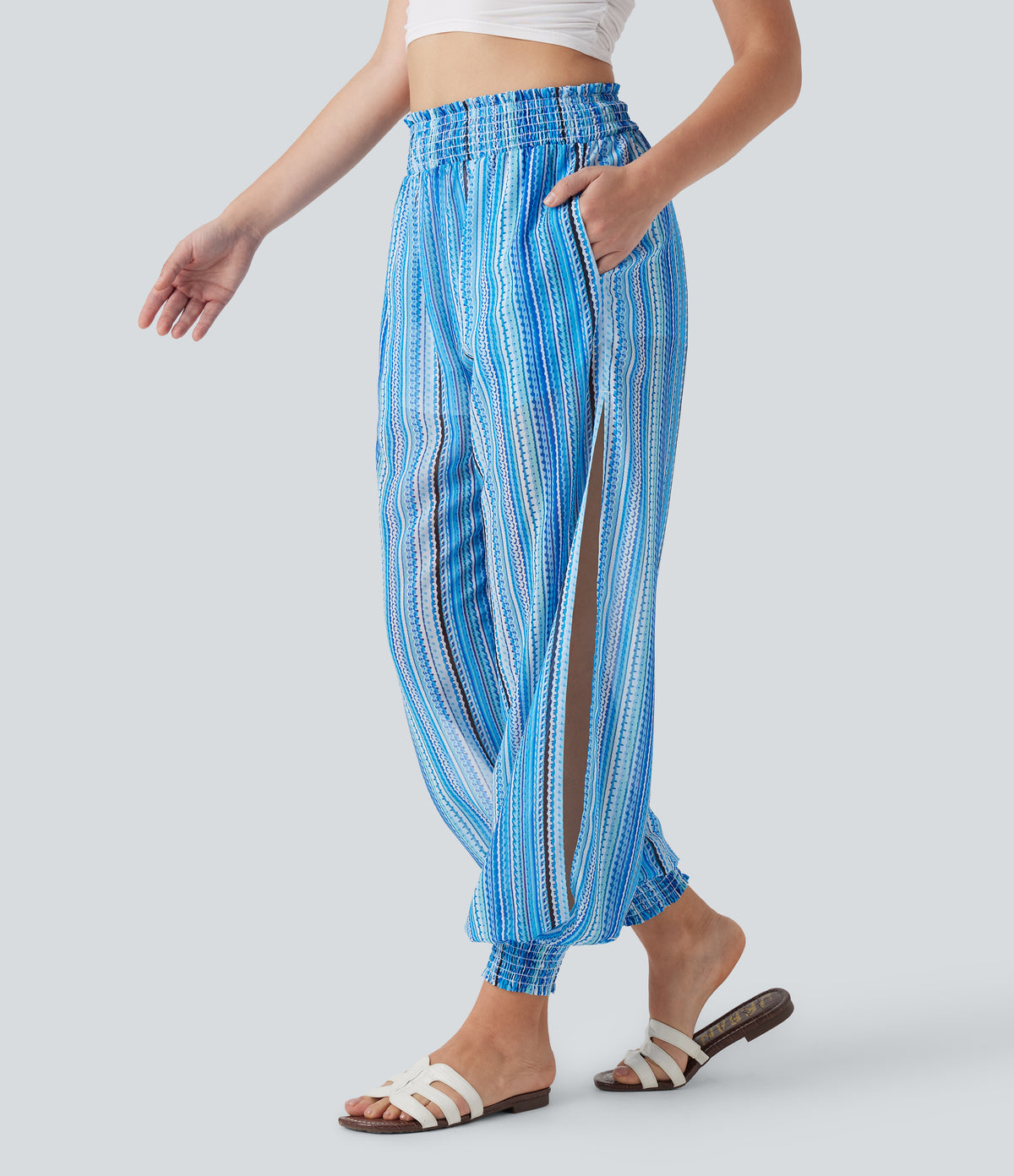 High Waisted Shirred Split 2-in-1 Stripe Casual Joggers with Pockets — watercolor stripe — view 1