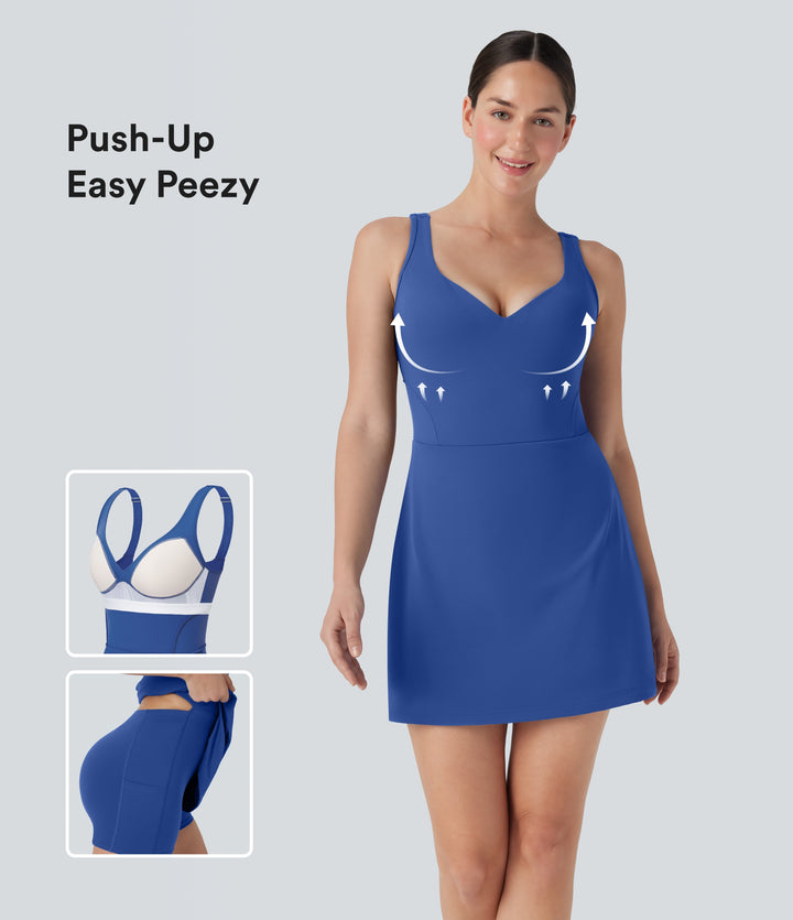 Plush Push-Up Molded Cups Adjustable Strap Backless 2-in-1 Yoga Active Dress with Pockets — Beaucoup Blue — view 1
