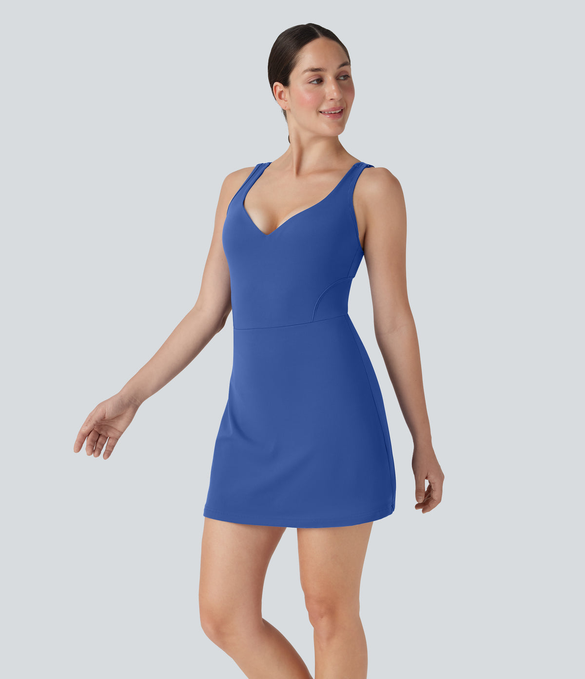 Plush Push-Up Molded Cups Adjustable Strap Backless 2-in-1 Yoga Active Dress with Pockets — Beaucoup Blue — view 4