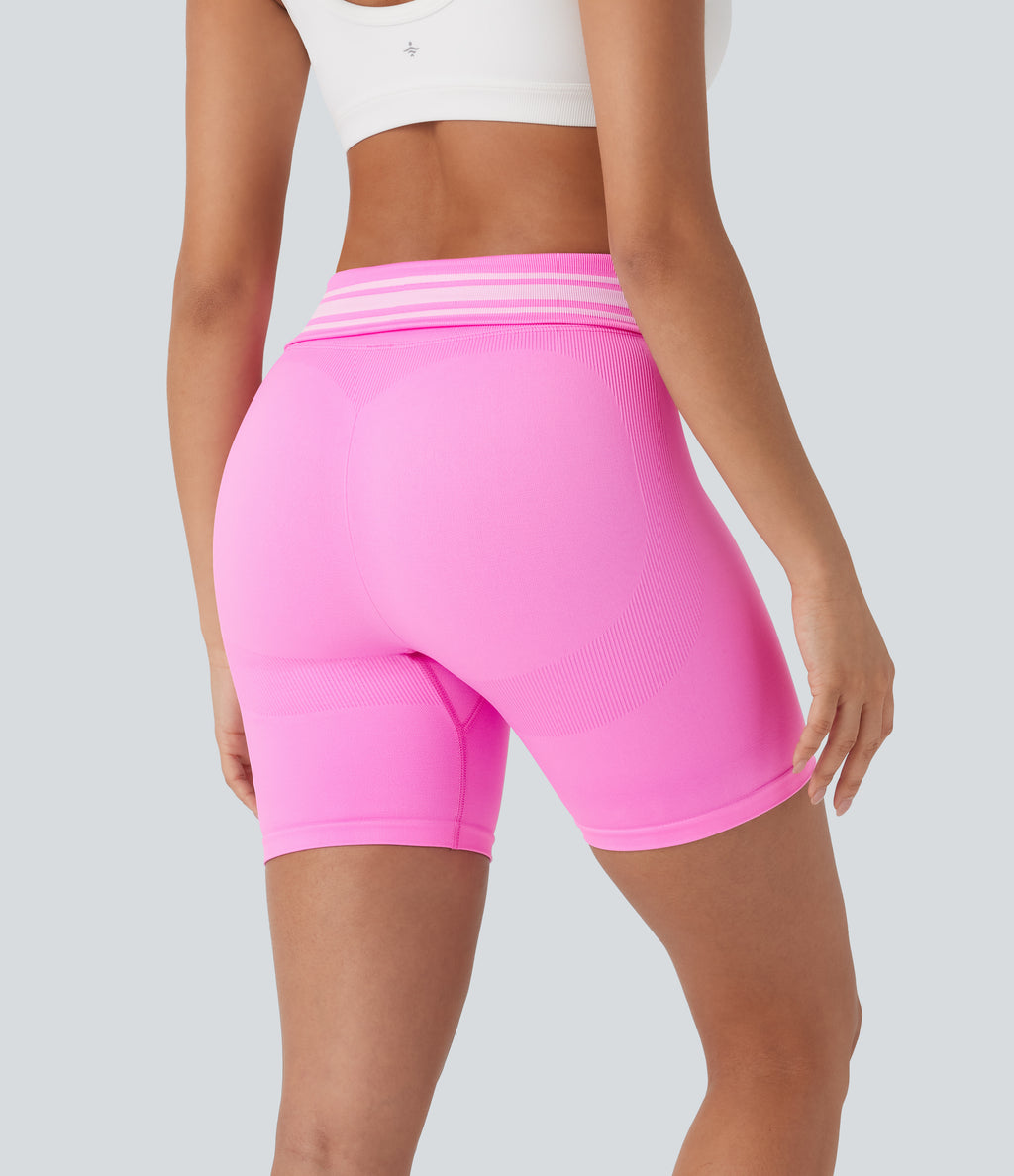 OneForm Seamless Flow Foldover High Waisted Color Block Workout Biker Shorts — Soft Light Purple — view 3