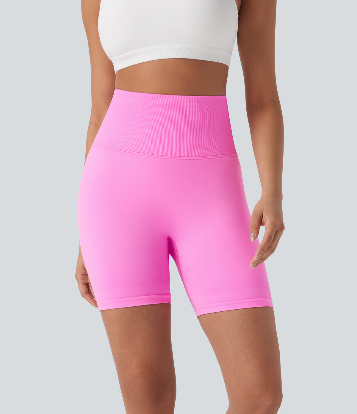 OneForm Seamless Flow Foldover High Waisted Color Block Workout Biker Shorts — Soft Light Purple — view 2