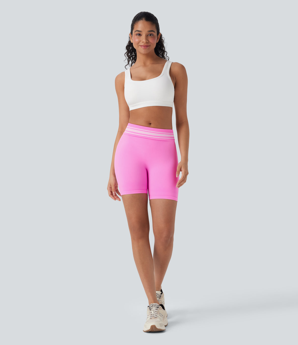 OneForm Seamless Flow Foldover High Waisted Color Block Workout Biker Shorts — Soft Light Purple — view 8