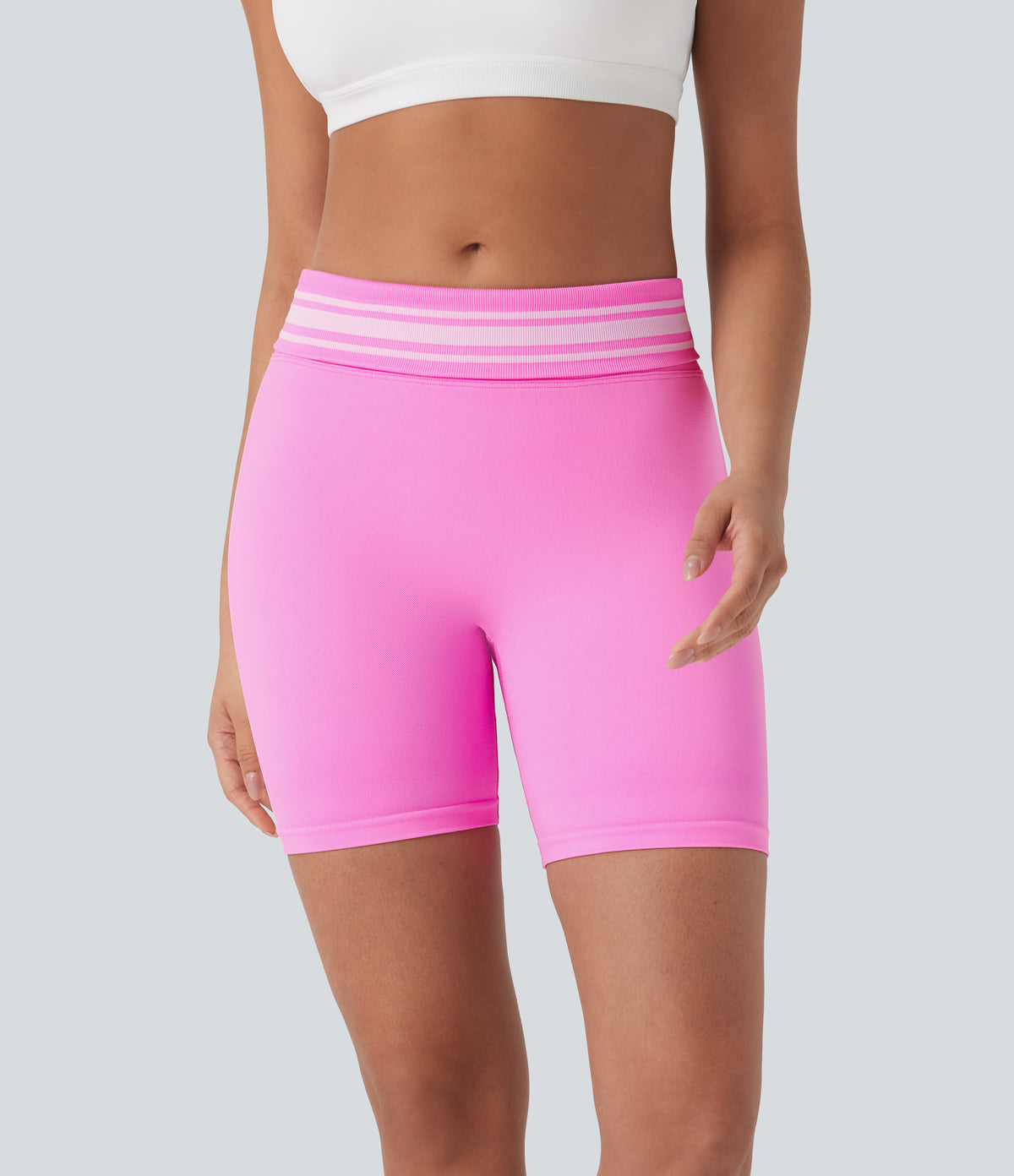 OneForm Seamless Flow Foldover High Waisted Color Block Workout Biker Shorts — Soft Light Purple — view 1