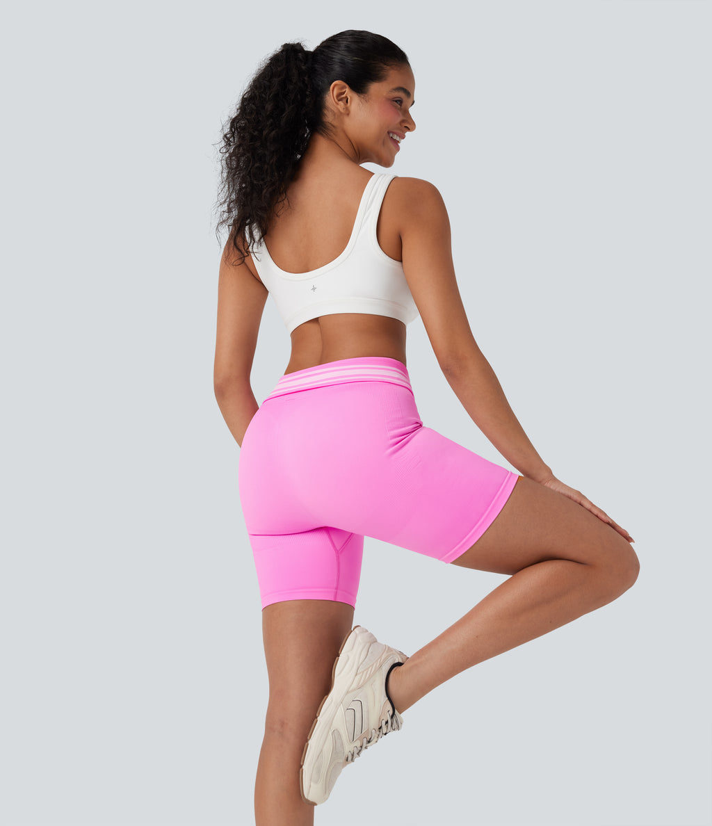 OneForm Seamless Flow Foldover High Waisted Color Block Workout Biker Shorts — Soft Light Purple — view 7
