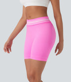 OneForm Seamless Flow Foldover High Waisted Color Block Workout Biker Shorts — Soft Light Purple — view 4