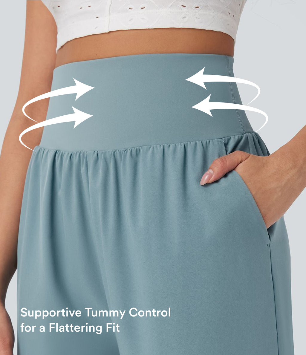 High Waisted Tummy Control Hem Quick Dry Capri Trousers with Pockets — Stone Blue — view 5
