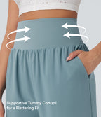 High Waisted Tummy Control Hem Quick Dry Capri Trousers with Pockets — Stone Blue — view 5
