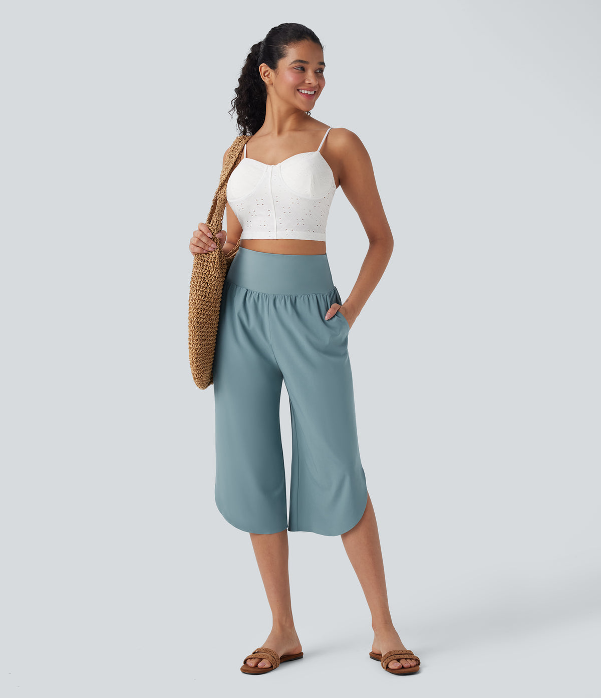 High Waisted Tummy Control Hem Quick Dry Capri Trousers with Pockets — Stone Blue — view 6