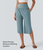 High Waisted Tummy Control Hem Quick Dry Capri Trousers with Pockets — Stone Blue — view 4