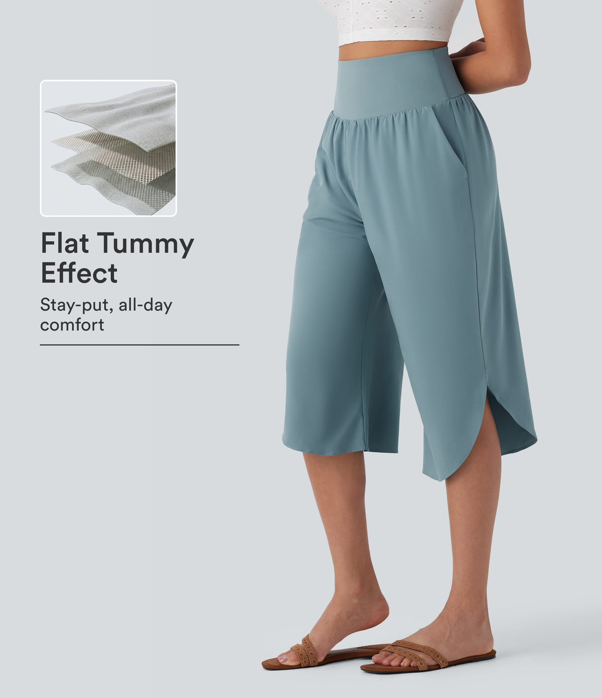 High Waisted Tummy Control Hem Quick Dry Capri Trousers with Pockets — Stone Blue — view 1