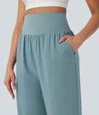 High Waisted Tummy Control Hem Quick Dry Capri Trousers with Pockets — Stone Blue — view 3