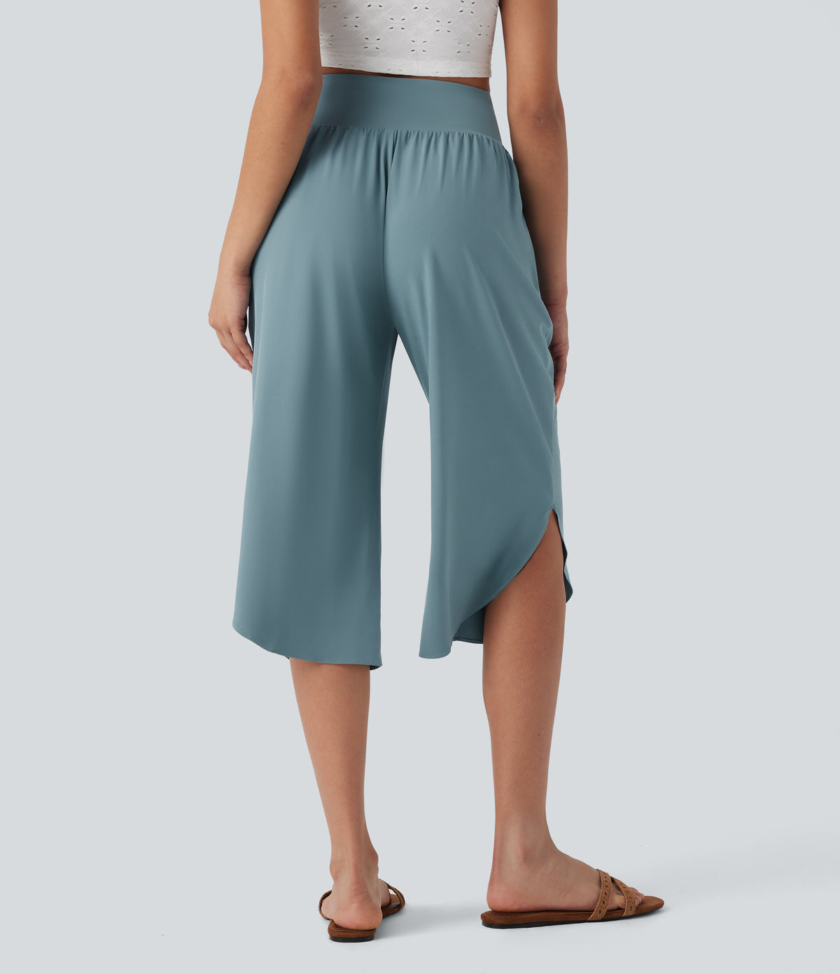 High Waisted Tummy Control Hem Quick Dry Capri Trousers with Pockets — Stone Blue — view 2
