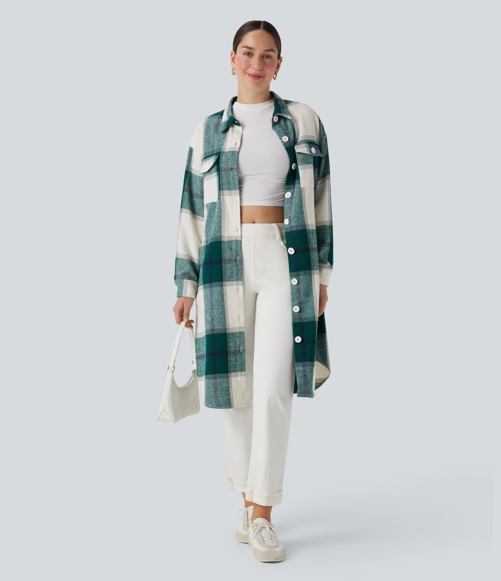 Plaid Curved Hem Longline Casual Jacket with Pockets — Dark Green Square — view 6
