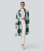 Plaid Curved Hem Longline Casual Jacket with Pockets — Dark Green Square — view 6