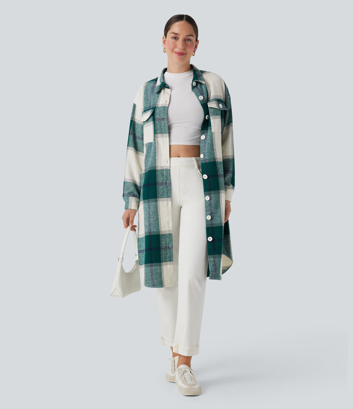 Plaid Curved Hem Longline Casual Jacket with Pockets — Dark Green Square — view 6