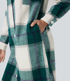 Plaid Curved Hem Longline Casual Jacket with Pockets — Dark Green Square — view 5
