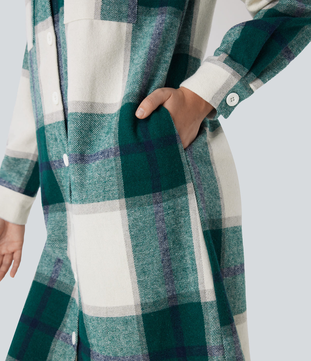 Plaid Curved Hem Longline Casual Jacket with Pockets — Dark Green Square — view 5
