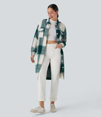 Plaid Curved Hem Longline Casual Jacket with Pockets — Dark Green Square — view 1