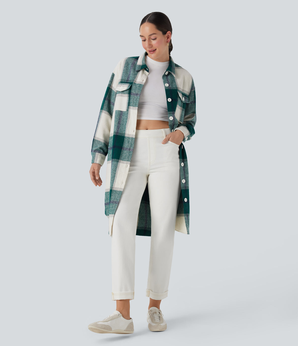 Plaid Curved Hem Longline Casual Jacket with Pockets — Dark Green Square — view 1