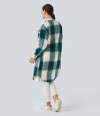 Plaid Curved Hem Longline Casual Jacket with Pockets — Dark Green Square — view 2