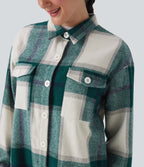 Plaid Curved Hem Longline Casual Jacket with Pockets — Dark Green Square — view 4