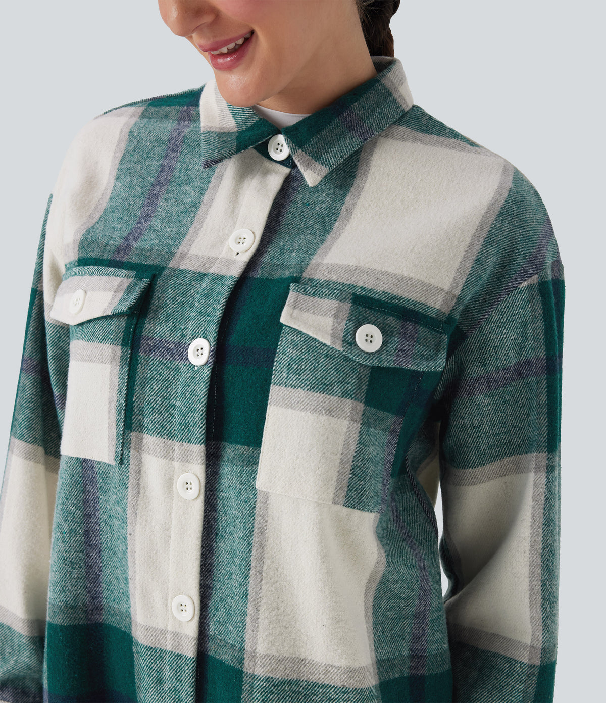 Plaid Curved Hem Longline Casual Jacket with Pockets — Dark Green Square — view 4
