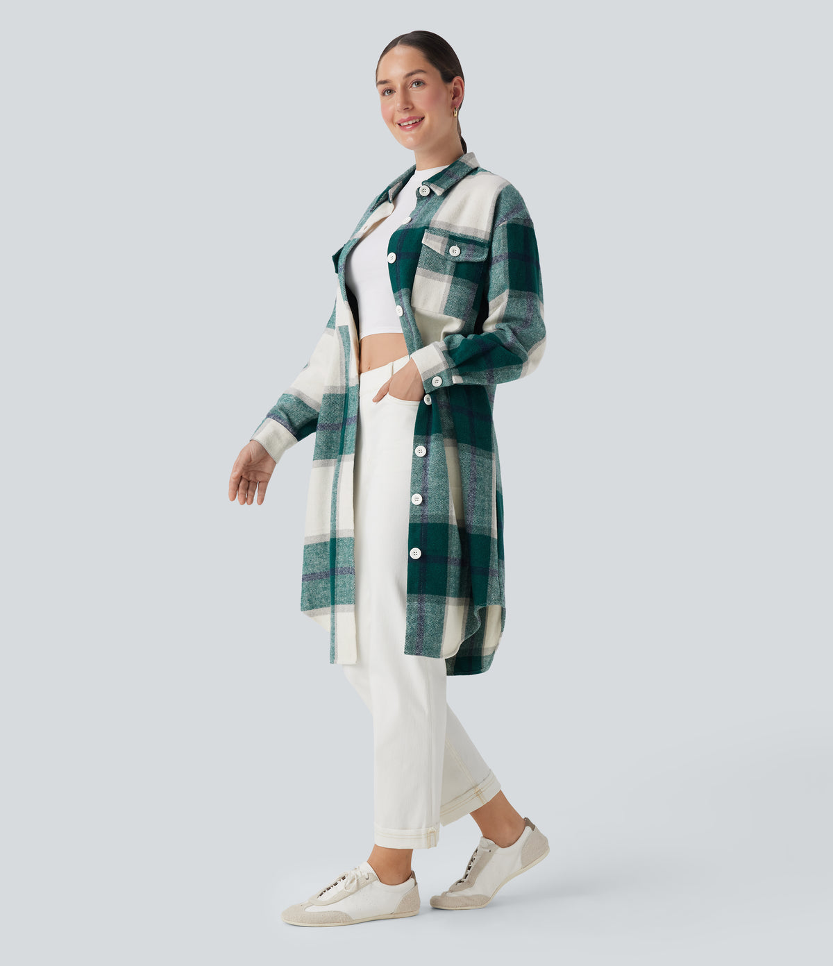 Plaid Curved Hem Longline Casual Jacket with Pockets — Dark Green Square — view 3