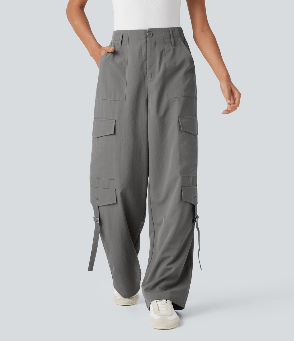 High Waisted Travel Cargo Trousers with Multiple Pockets — Brushed Nickel — view 1